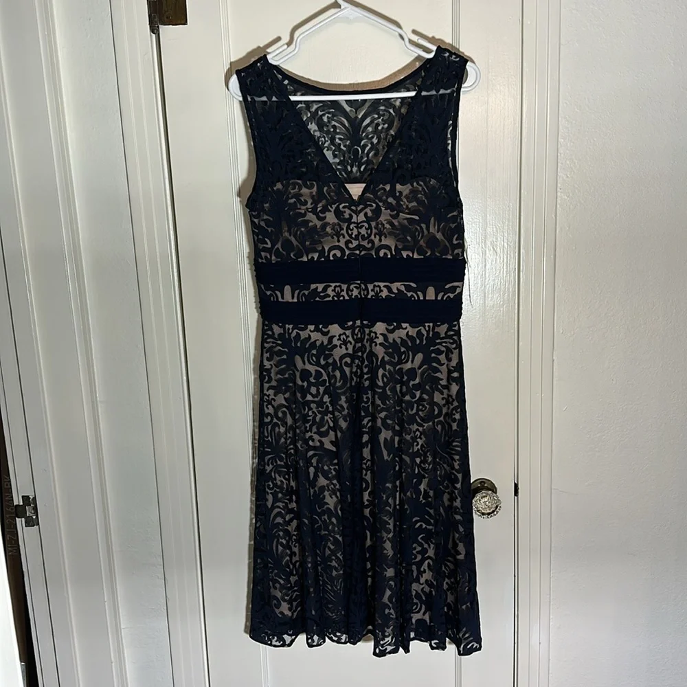 Navy Lace Fit & Flare Dress - Elegant Sleeveless Design - Picture 3 of 5